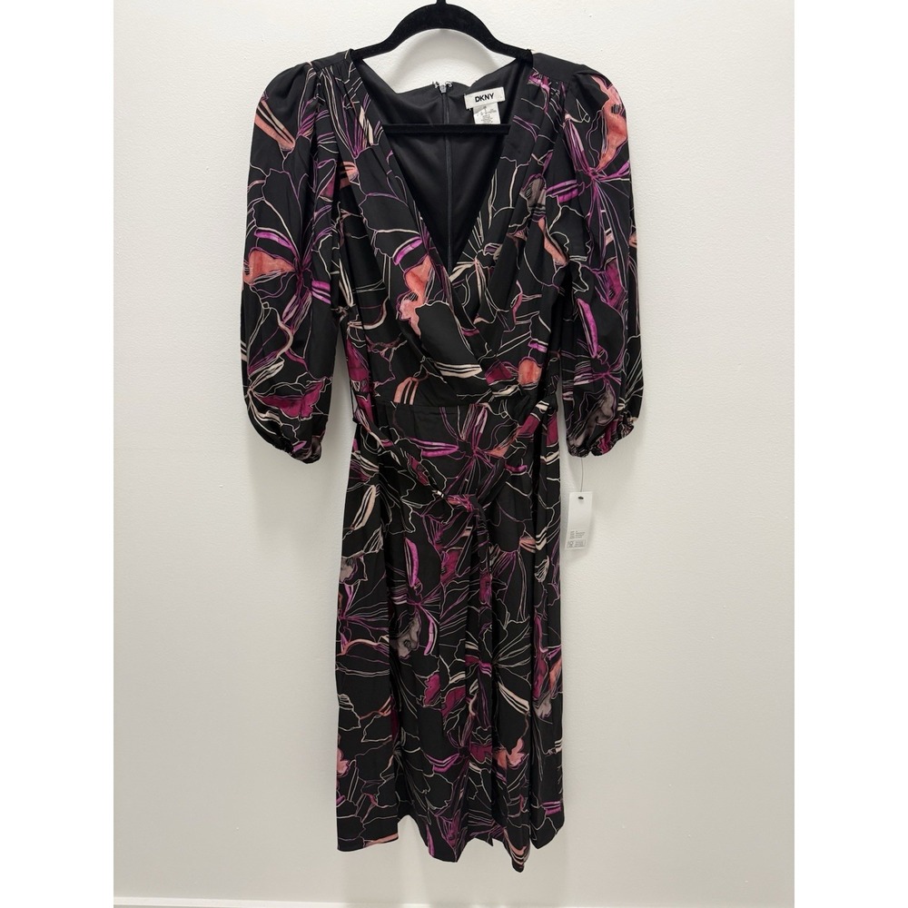 DKNY Floral Wrap Dress Size 8 Black Pink Long Sleeve Midi Knee Length NWT